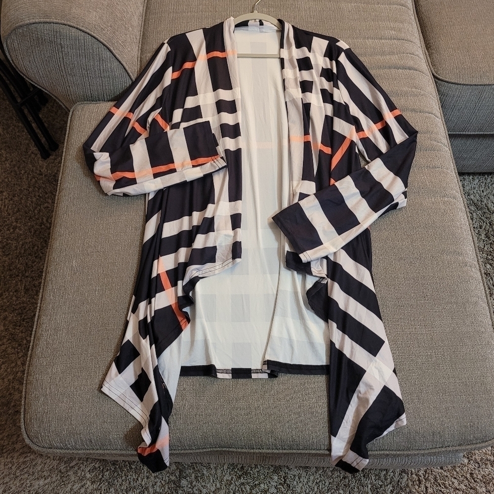Art to Wear Abstract Boho Black Orange Tan Open Front Soft Cardigan Size XL